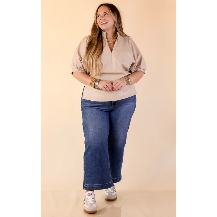 Effortlessly Cool Faux Leather Top with Short Balloon Sleeves in Ivory