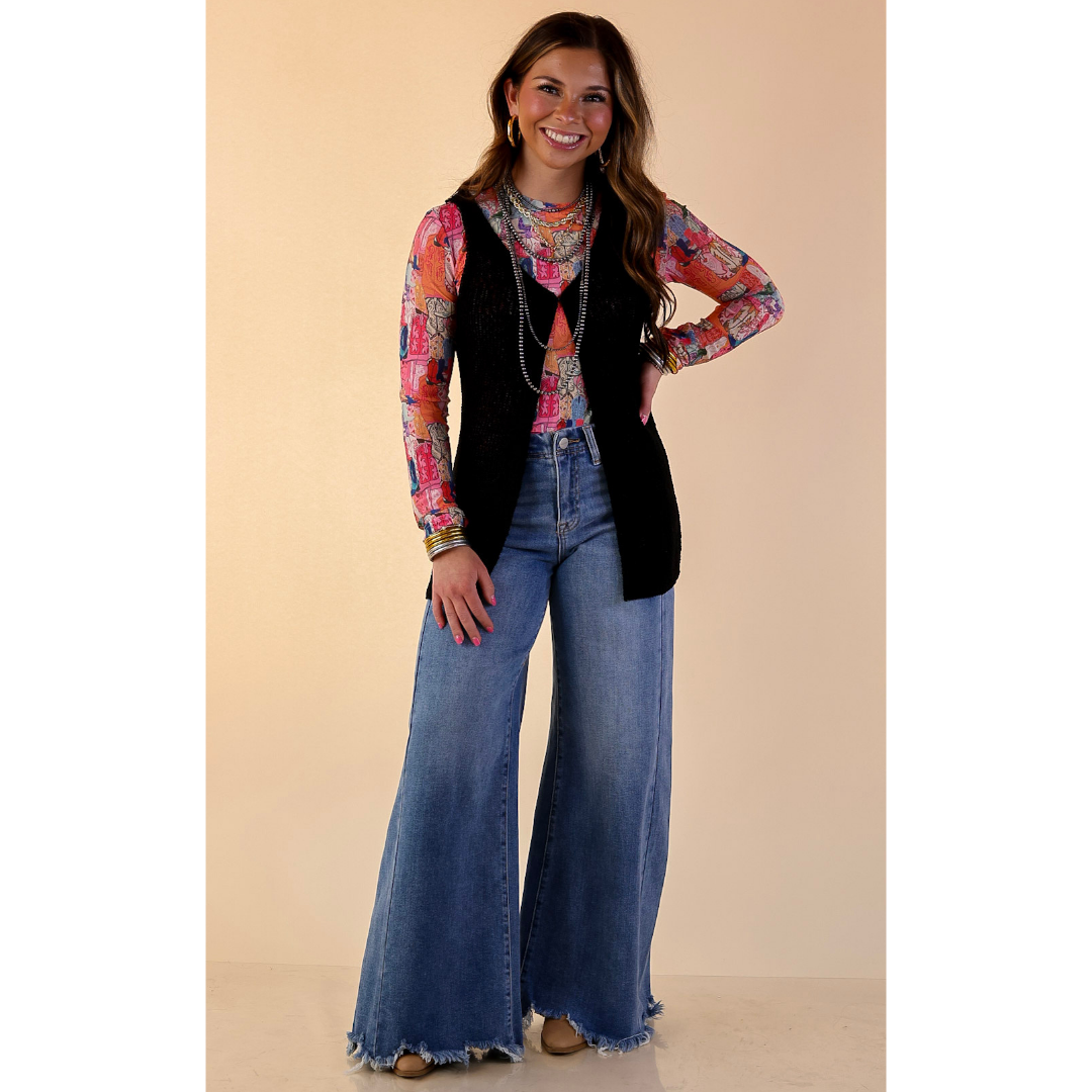 Effortlessly Elevated Textured Knit Front Clasp Sweater Vest in Black