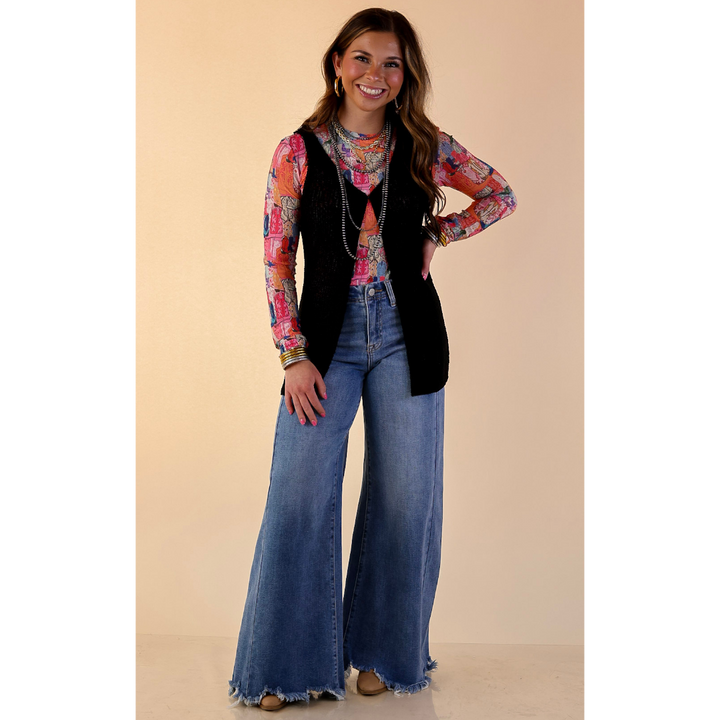 Effortlessly Elevated Textured Knit Front Clasp Sweater Vest in Black