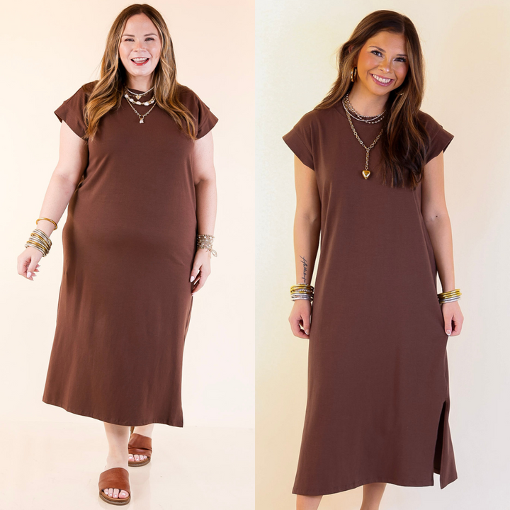 Two images of a woman wearing a chocolate brown dress on a beige background