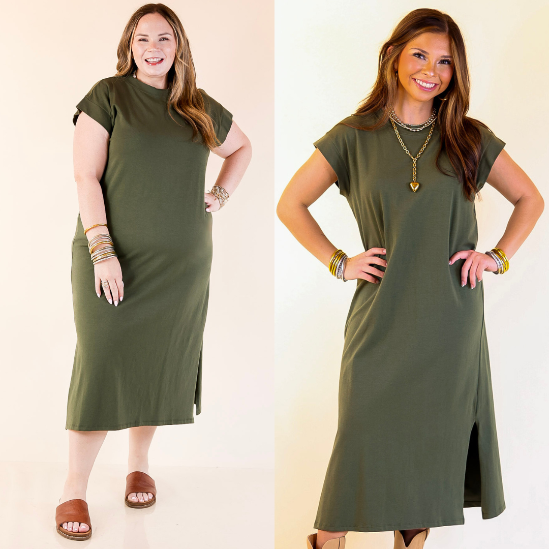 Two images of a woman wearing an olive green dress on a beige background 