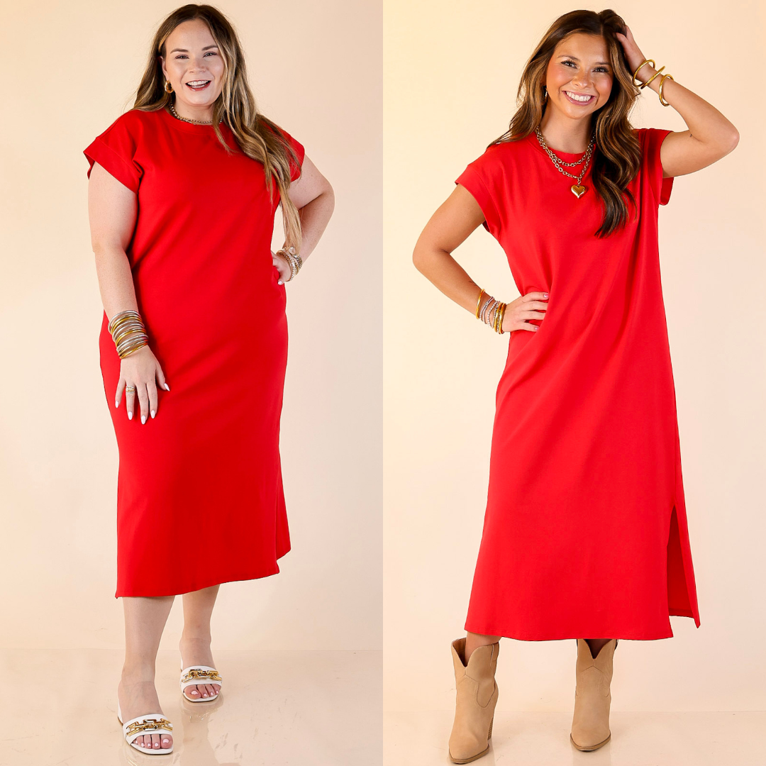 Two women wearing red midi tee shirt dresses on a beige background