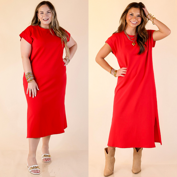 Two women wearing red midi tee shirt dresses on a beige background