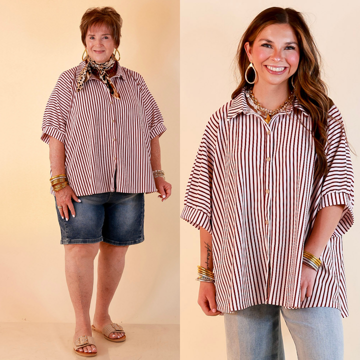 Effortlessly Aligned Button Down Collared Top with Vertical Ivory Stripe Detail in Maroon