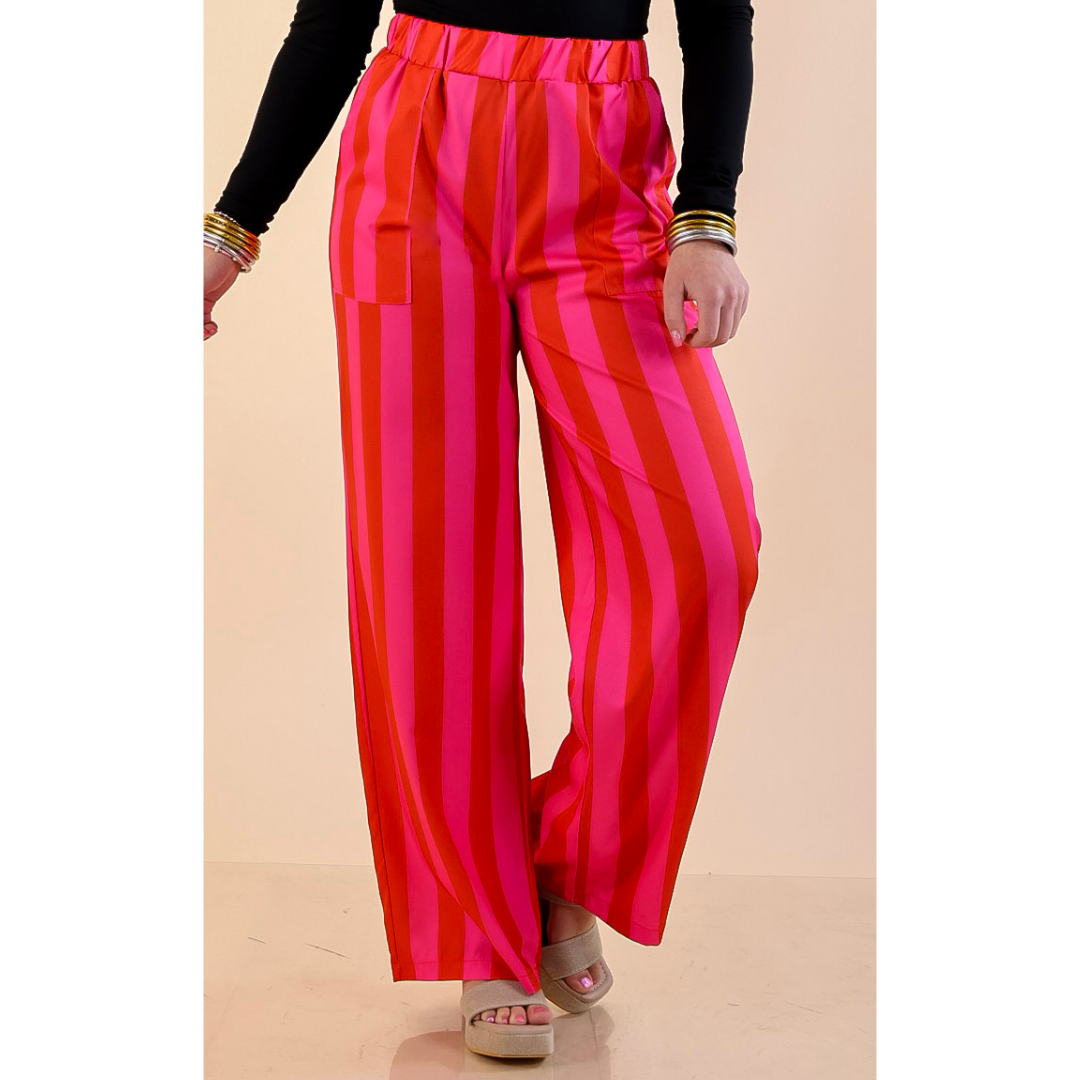 Electric Energy Elastic Waist Wide Leg Stripe Pants with Pockets in Pink and Red