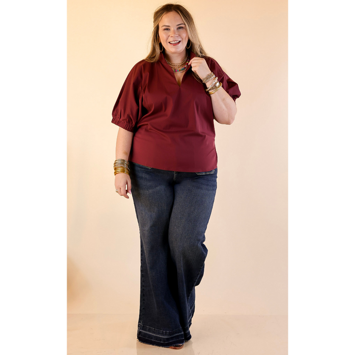 Elevated Basic V-Neck Blouse With Drop Shoulder in Maroon