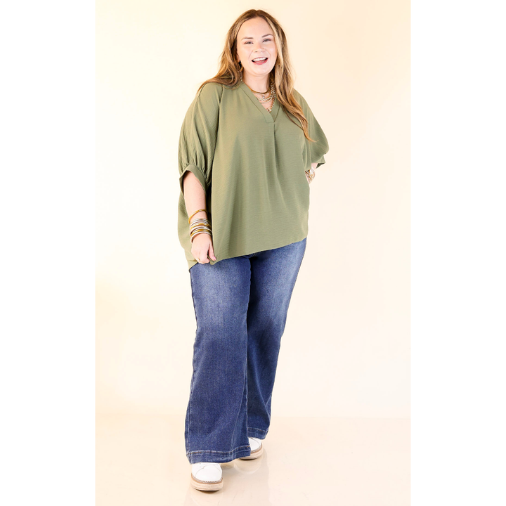 Elevated Basics V Neck Top with Half Sleeves in Olive Green