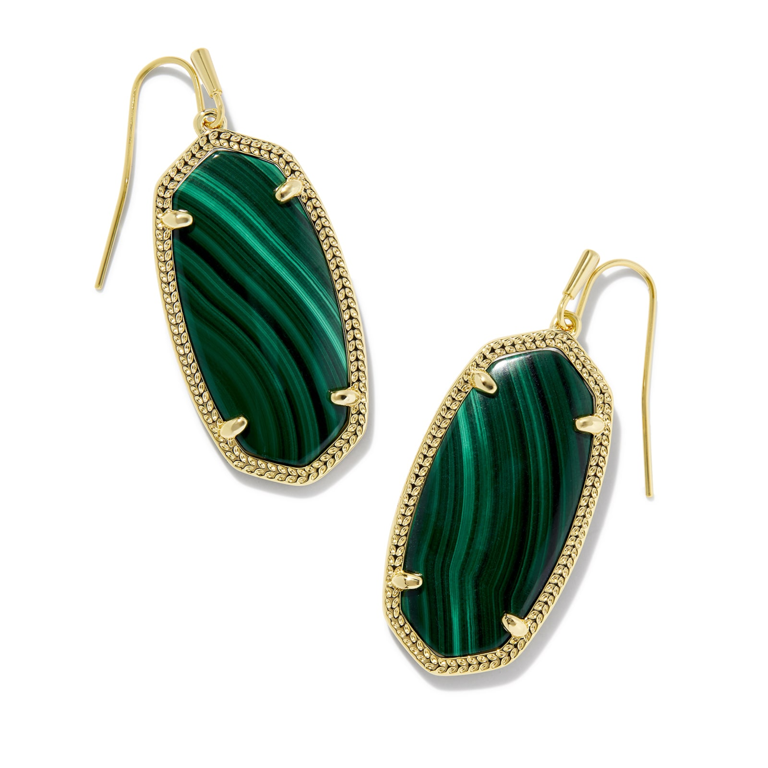 These Elle Gold Drop earrings in green Malachite by Kendra Scott are pictured on a white background.