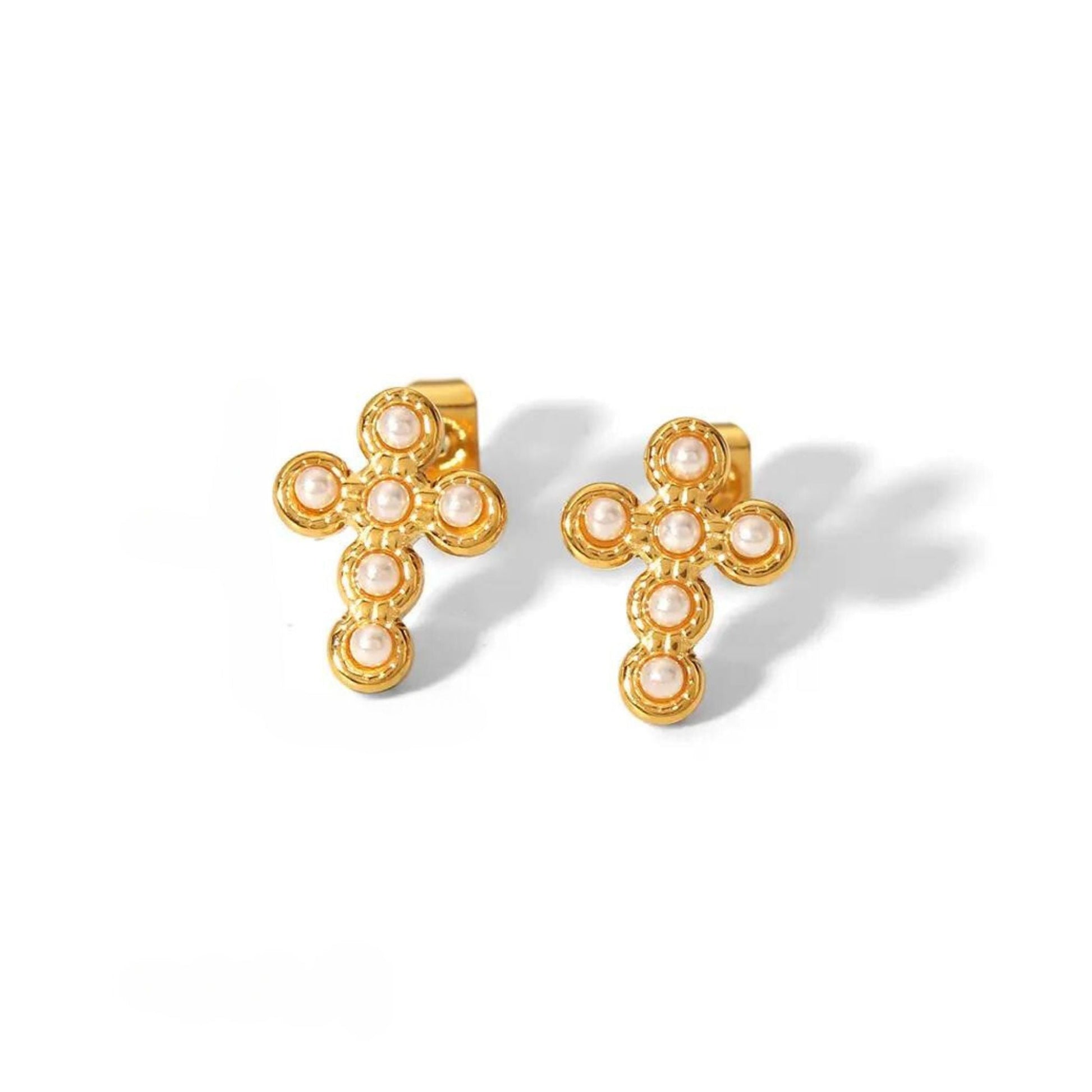 Linny Co | Bethany Gold Tone Pearl Cross Stud Earrings