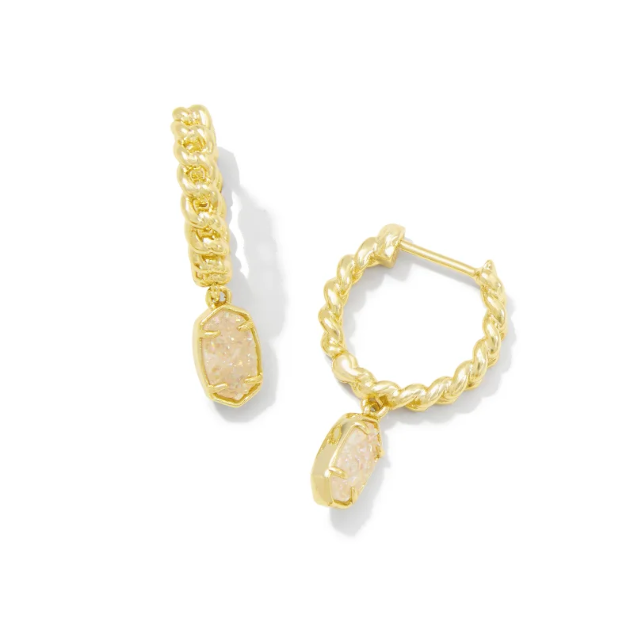 These Emilie Gold Huggie Earrings in Iridescent Drusy by Kendra Scott are pictured on a white background.