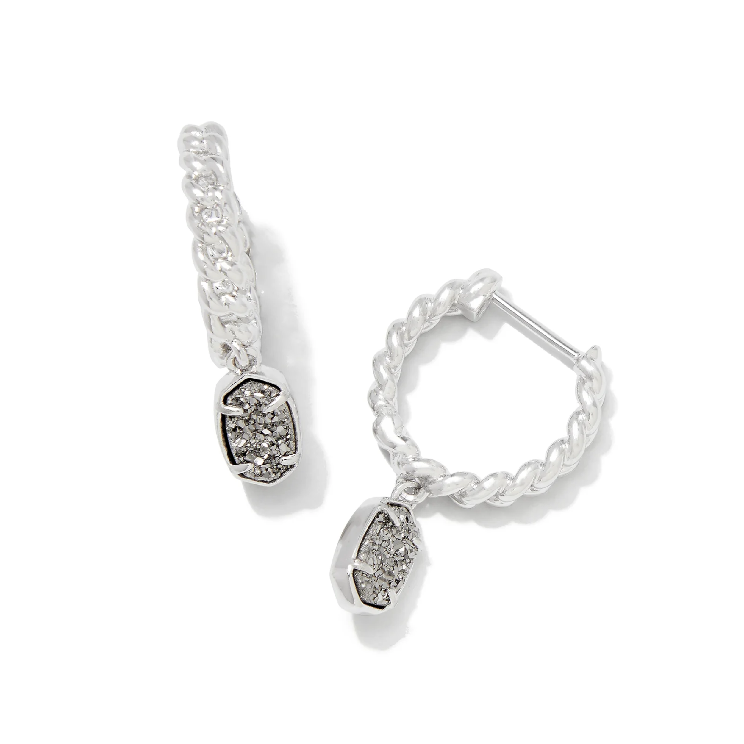 These Emilie Silver Huggie Earrings in Platinum Drusy by Kendra Scott are pictured on a white background.