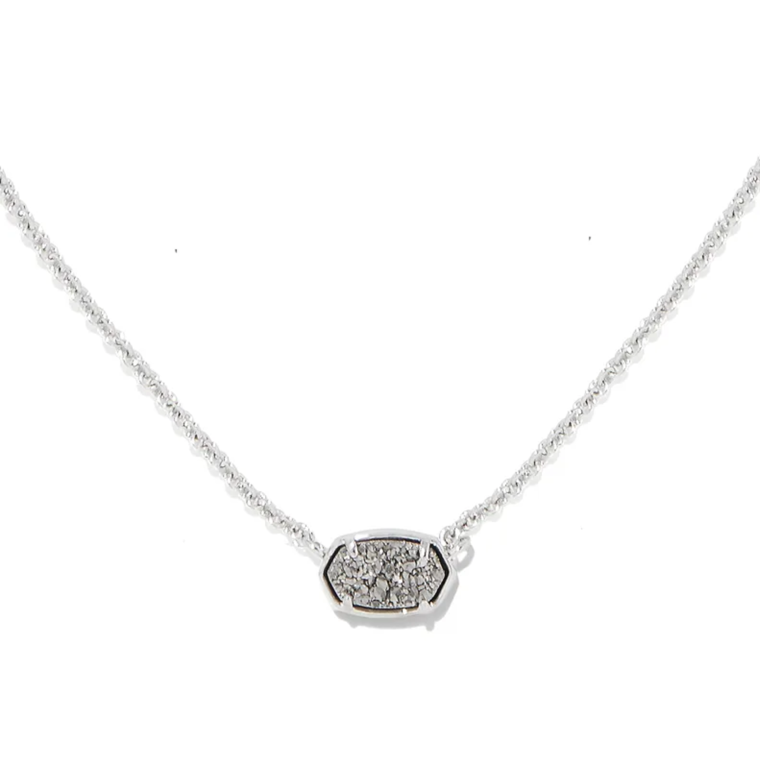 This Emilie Silver Short Pendant Necklace in Platinum drusy by Kendra Scott is pictured on a white background. 