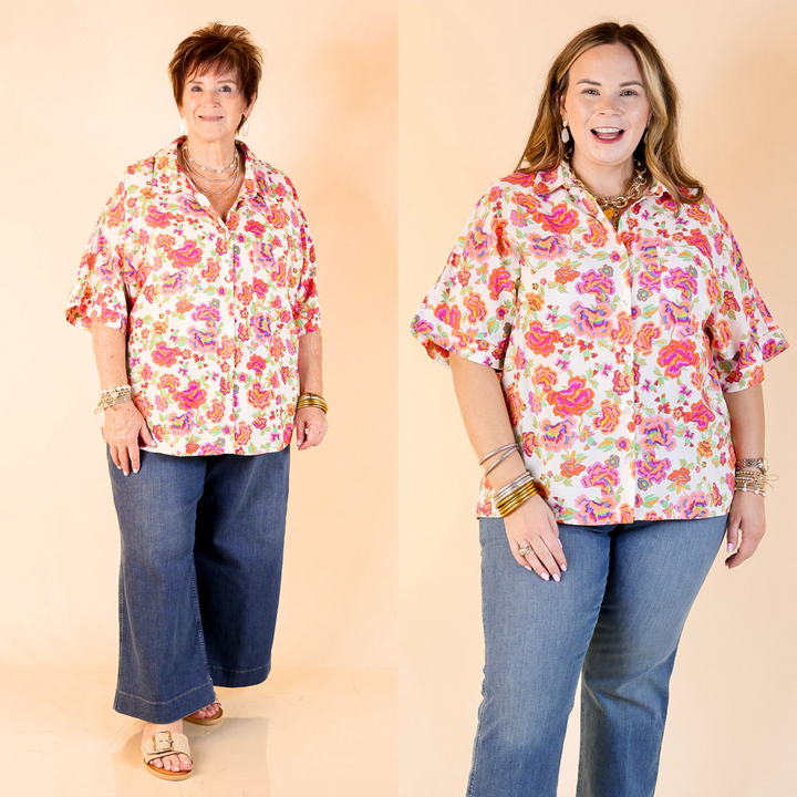 Crafted with short sleeves and a classic collar, it showcases a stunning floral print. Available in sizes small to 3XL.