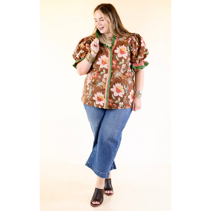 Endless Elegance Ruffled V Neck Floral Print Top in Brown, Mauve and Green