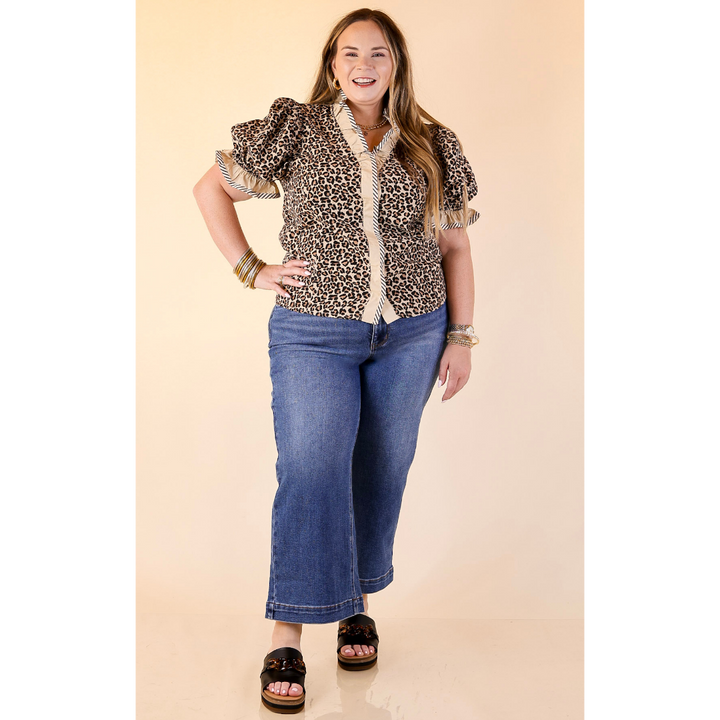 Endless Elegance Ruffled V Neck Leopard Print Top with Stripe Trim in Cream, Brown and Black