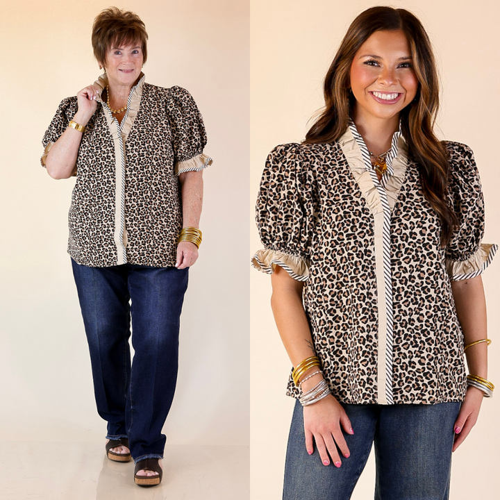 Two women wearing leopard print tops with ruffled sleeves and striped trim detailing against a plain background