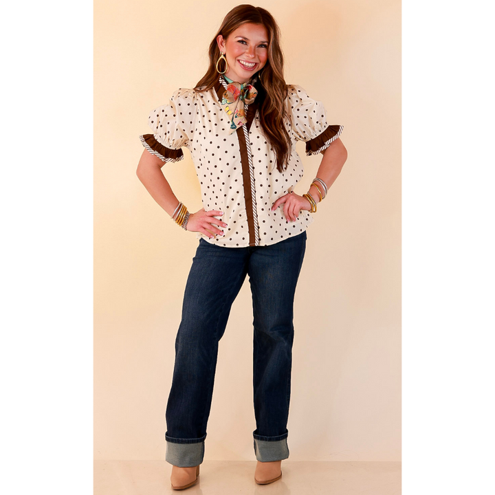 Endless Elegance Ruffled V Neck Polka Dot Print Top in Cream and Brown