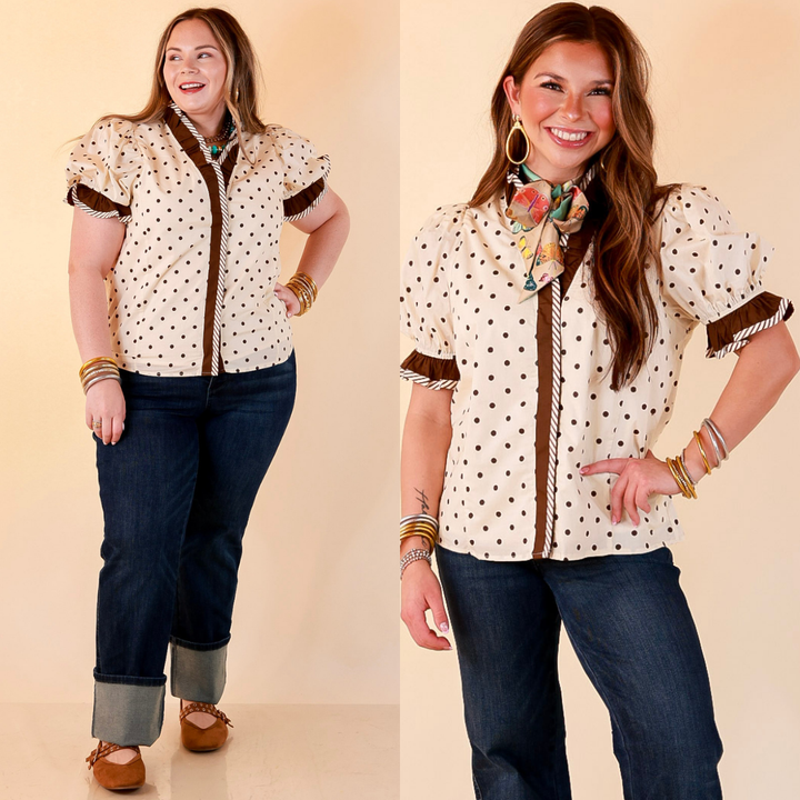 Endless Elegance Ruffled V Neck Polka Dot Print Top in Cream and Brown