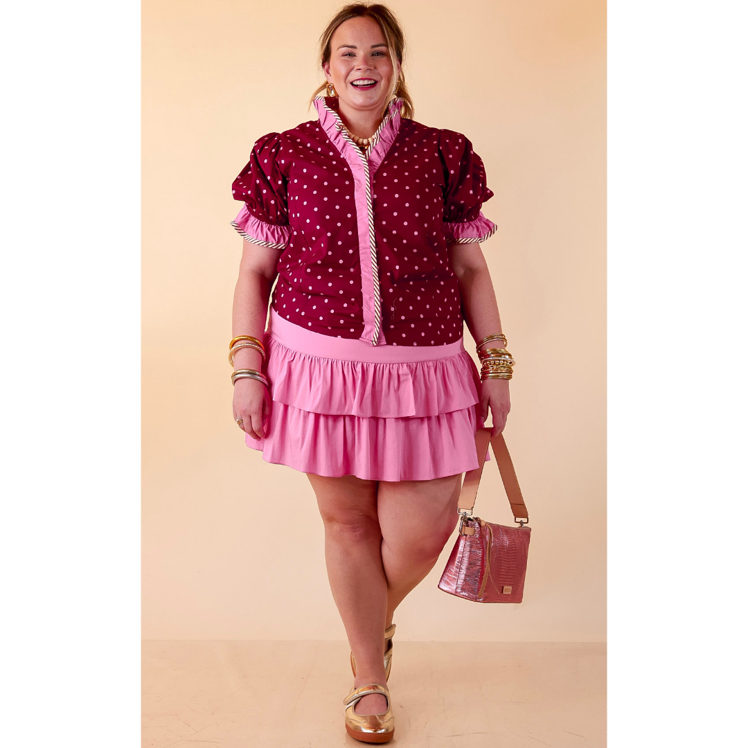 Endless Elegance Ruffled V Neck Polka Dot Print Top in Maroon and Pink
