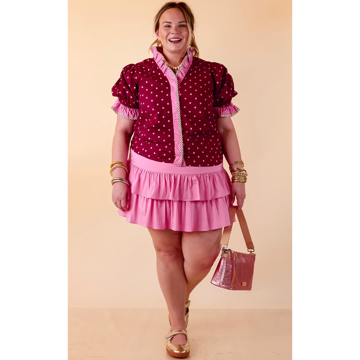 Endless Elegance Ruffled V Neck Polka Dot Print Top in Maroon and Pink