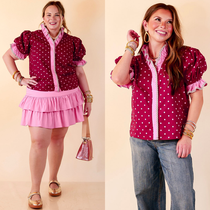 Endless Elegance Ruffled V Neck Polka Dot Print Top in Maroon and Pink