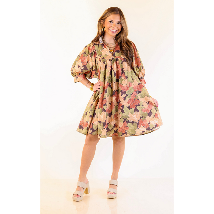 Endless Possibilities Floral Babydoll Dress with Puff Sleeves in Beige, Navy and Rust