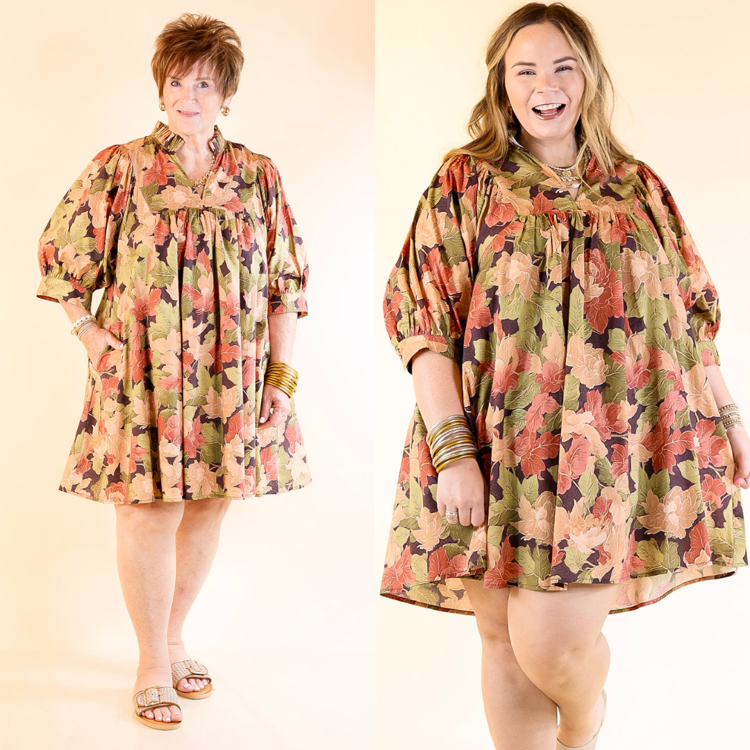 Two women wearing a floral dress on a beige background