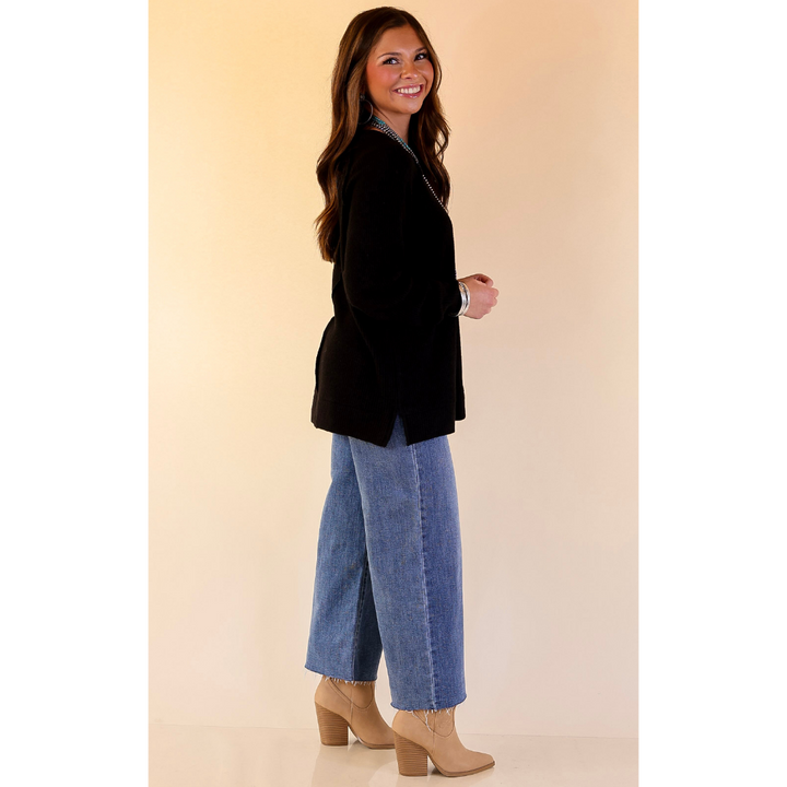 Essentially Chic Waffle Knit Long Sleeve Scoop Neck Top in Black