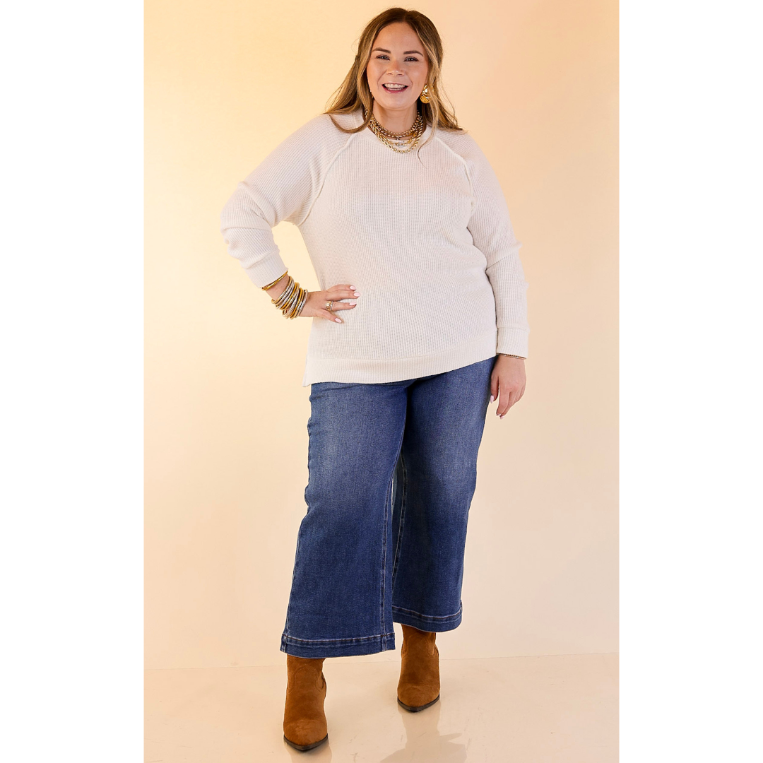 Essentially Chic Waffle Knit Long Sleeve Scoop Neck Top in Ivory