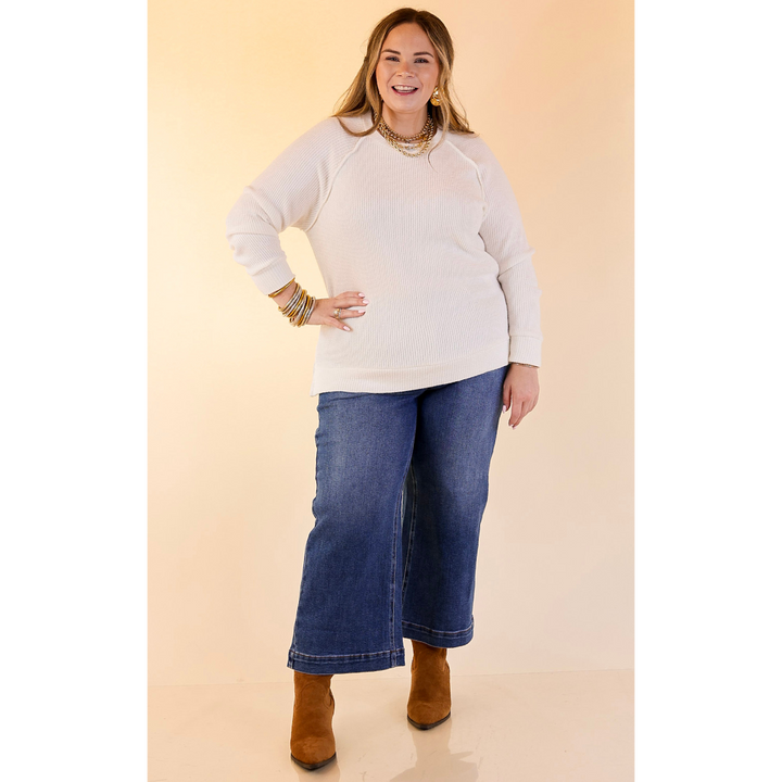 Essentially Chic Waffle Knit Long Sleeve Scoop Neck Top in Ivory