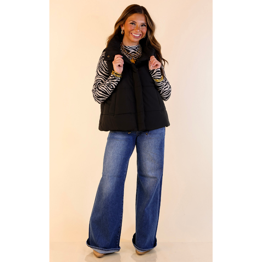 Evergreen Escape High Neck Puffer Vest in Black