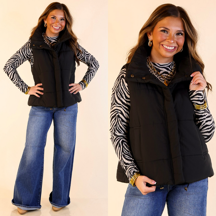 Evergreen Escape High Neck Puffer Vest in Black