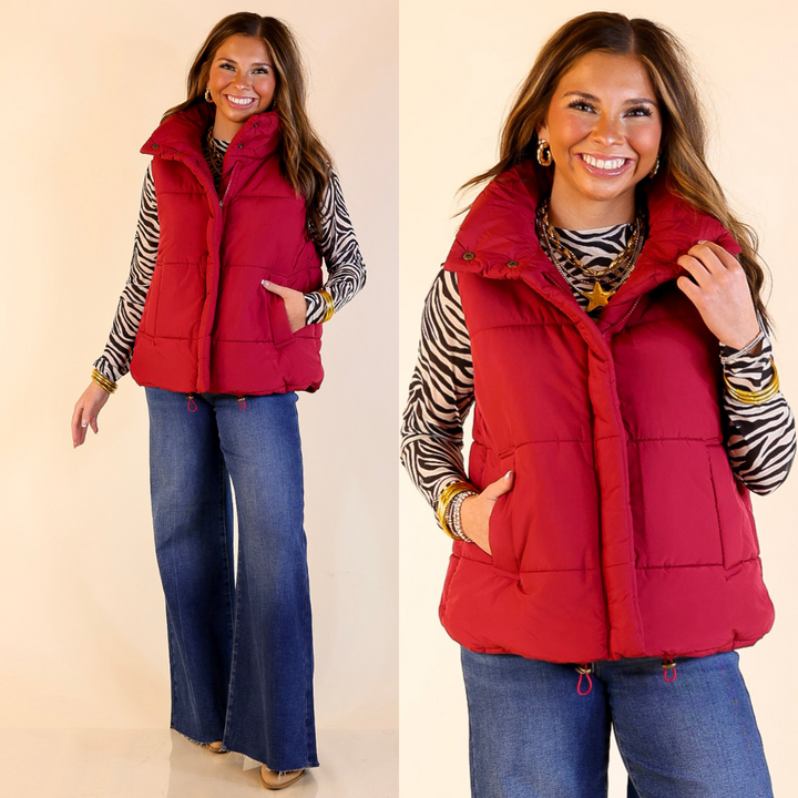 Evergreen Escape High Neck Puffer Vest in Maroon