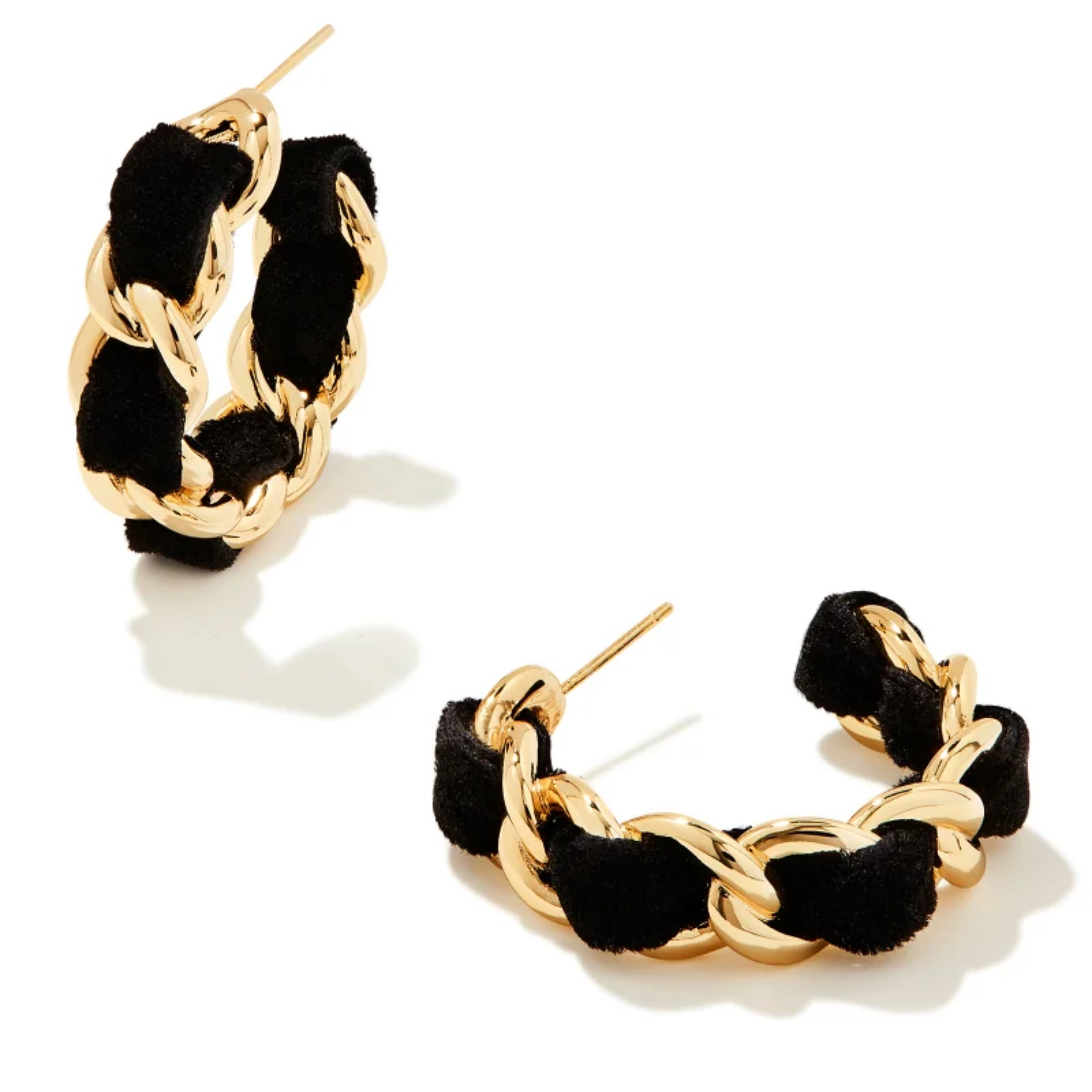 These Everleigh Velvet Gold Hoop Earrings in Black by Kendra Scott are pictured on a white background.
