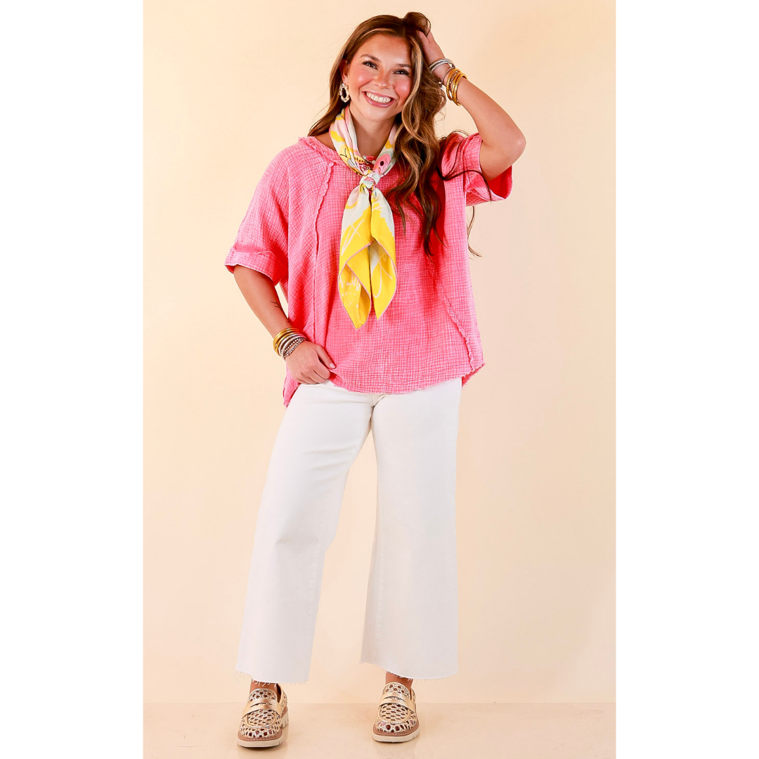 Everyday Ease Short Sleeve Linen Top with Raw Hem Edges in Hot Pink