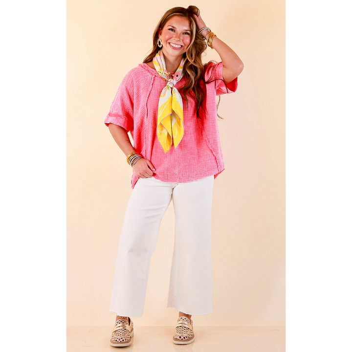 Everyday Ease Short Sleeve Linen Top with Raw Hem Edges in Hot Pink