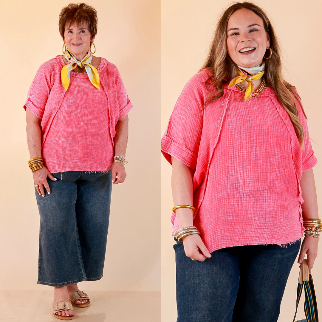 Everyday Ease Short Sleeve Linen Top with Raw Hem Edges in Hot Pink