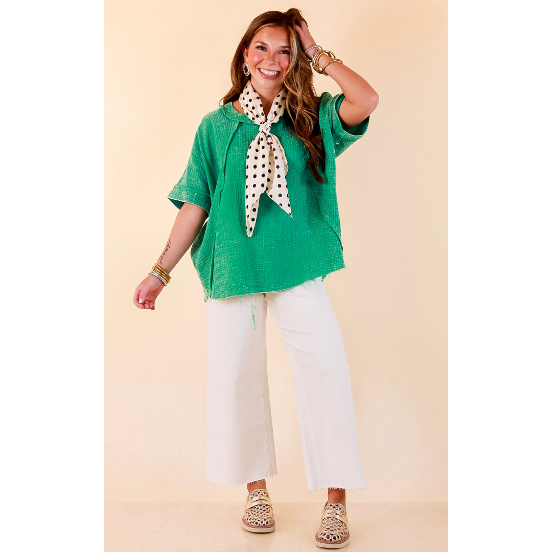 Everyday Ease Short Sleeve Linen Top with Raw Hem Edges in Kelly Green