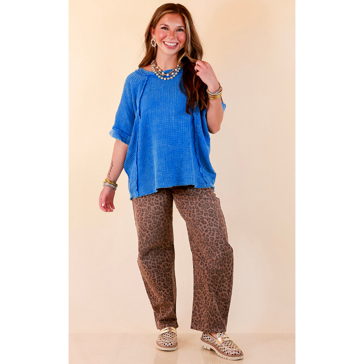 Everyday Ease Short Sleeve Linen Top with Raw Hem Edges in Ocean Blue