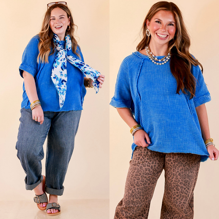 Everyday Ease Short Sleeve Linen Top with Raw Hem Edges in Ocean Blue