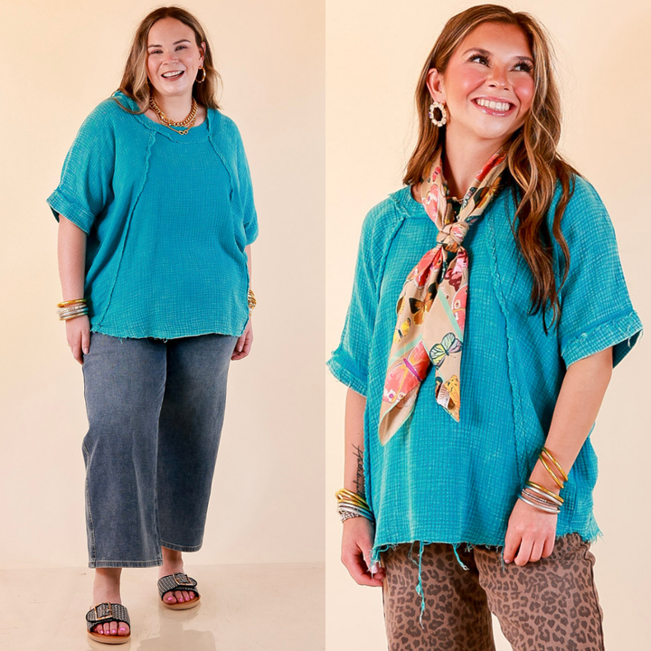 Everyday Ease Short Sleeve Linen Top with Raw Hem Edges in Turquoise Blue