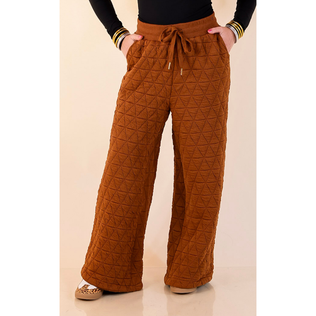 Everyday Elevated Quilted Wide Leg Drawstring Pants with Elastic Waistband in Rust Brown