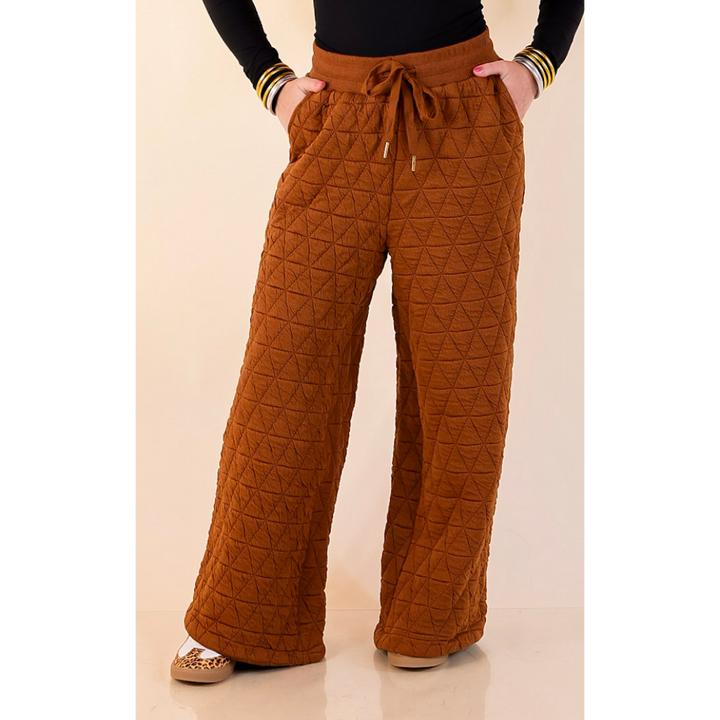 Everyday Elevated Quilted Wide Leg Drawstring Pants with Elastic Waistband in Rust Brown
