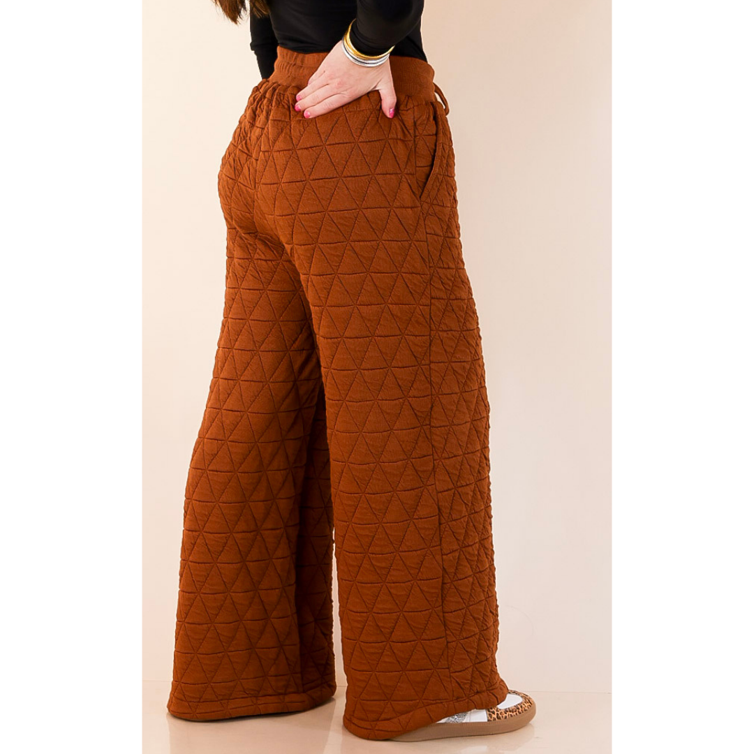Everyday Elevated Quilted Wide Leg Drawstring Pants with Elastic Waistband in Rust Brown