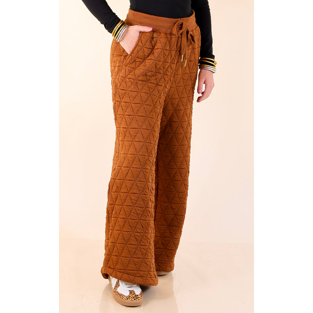 Everyday Elevated Quilted Wide Leg Drawstring Pants with Elastic Waistband in Rust Brown