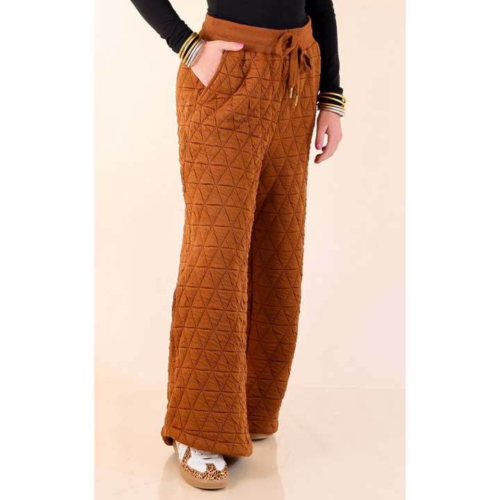 Everyday Elevated Quilted Wide Leg Drawstring Pants with Elastic Waistband in Rust Brown