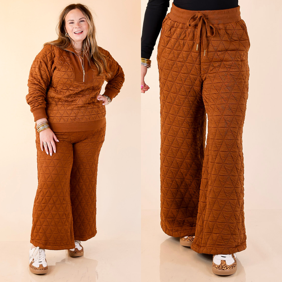 Woman wearing a brown quilted wide-leg pants on a beige background