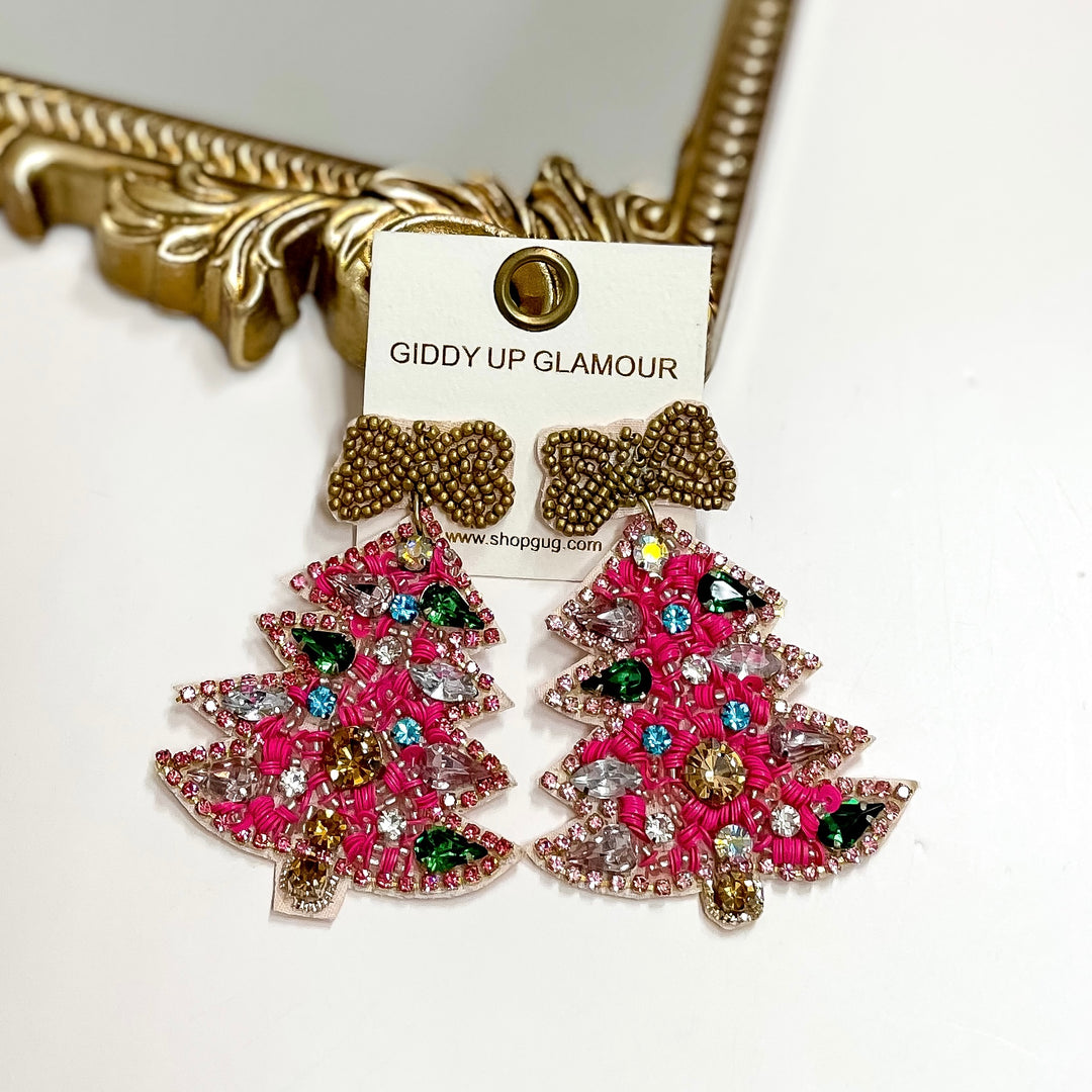 Multicolor Crystals and Pink Beaded Christmas Tree Earrings With a Gold Bow