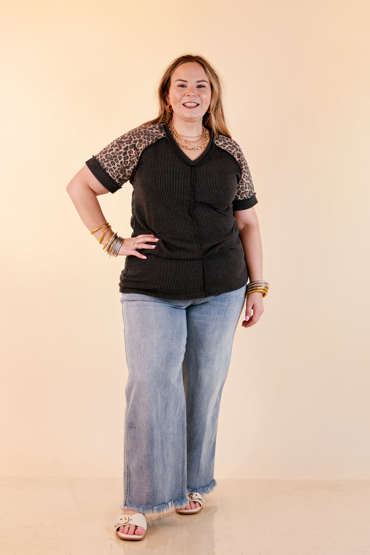 Easy Attraction Waffle Knit V Neck Top with Leopard Print Sleeves in Black