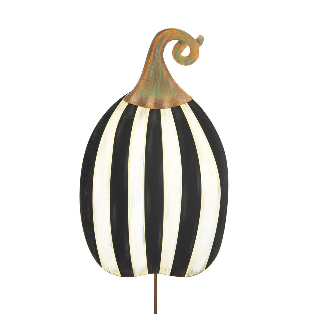 The Round Top Collection Tall Striped Pumpkin featuring black and white vertical stripes, whimsical curled stem and garden stake.